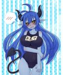  asmodeus_(shinrabanshou) black_sclera blue_hair blue_skin blush breasts demon_girl demon_tail fangs horns impossible_clothes impossible_clothing impossible_swimsuit long_hair naderu_(yaminean) one-piece_swimsuit pointy_ears ponytail school_swimsuit shinrabanshou solo speech_bubble succubus swimsuit tail wings yellow_eyes 