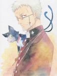  agahari animal_on_shoulder ao_no_exorcist beard cat facial_hair fujimoto_shirou glasses grey_hair jewelry kuro_(ao_no_exorcist) male multiple_tails necklace red_eyes short_hair solo tail traditional_media 