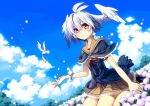  blue_hair blue_sky cloud flower frilled_skirt head_wings kaida kaida_michi kneeling light_smile original shuni_(en@rain) sitting skirt sky wariza 