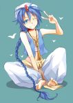  aladdin_(magi) arabian_clothes barefoot blue_eyes blue_hair braid feet flute highres huoshansama instrument long_hair magi_the_labyrinth_of_magic male midriff navel sash single_braid smile solo turban v vest wink 