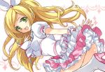  :d ass blonde_hair boots braid breasts cure_rhythm dress frills green_eyes hair_ribbon happy heart impossible_clothes impossible_clothing impossible_shirt long_hair magical_girl minamino_kanade open_mouth precure ribbon shirt smile solo suite_precure wrist_cuffs yukiwo 