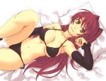  armpits bikini breasts brown_eyes cleavage detached_sleeves kousaka_tamaki large_breasts leg_up long_hair lying navel on_back pillow red_hair redhead side-tie_bikini sideboob sideways smile string_bikini swimsuit to_heart_2 underboob very_long_hair 