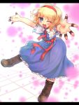  alice_margatroid belt blonde_hair blue_dress blue_eyes blush boots capelet dress hairband highres jewelry letterboxed open_mouth outstretched_arms ring sankuma sash short_hair smile solo tile_floor tiles touhou wink 