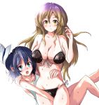  arm_up between_legs bikini black_bikini blonde_hair blue_eyes blue_hair blush breasts cleavage echizen front-tie_top gradient_hair hand_between_legs hand_on_hip hat hijiri_byakuren hips large_breasts multicolored_hair multiple_girls murasa_minamitsu navel open_mouth purple_hair sailor_hat side-tie_bikini sweat swimsuit touhou white_swimsuit yellow_eyes 