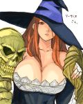  brown_eyes brown_hair cleavage collarbone dragon&#039;s_crown hat hat_over_one_eye huge_breasts kimuchi lipstick long_hair simple_background sketch skull solo sorceress_(dragon&#039;s_crown) witch_hat 