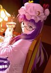  bespectacled brown_eyes crescent cup glasses hat lamp long_hair looking_at_viewer patchouli_knowledge purple_hair red_eyes sitting solo tahoo tea teacup touhou 