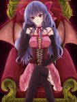  adult akira_tsukiryuu alternate_hairstyle bare_shoulders bat_wings black_legwear bow breasts chair corset crossed_arms dress elbow_gloves from_above garter_straps gloves hair_bow large_breasts lavender_hair long_hair no_hat red_eyes remilia_scarlet sitting solo strap_slip thigh-highs thighhighs touhou very_long_hair wings 