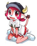  baseball_jersey buffalo_bell character_request clothes_writing furry gloves hat horns mascot muramasa_mikado nippon_professional_baseball open_mouth orix_buffaloes pink_hair pleated_skirt pointy_ears red_eyes short_hair simple_background sitting skirt smile solo tail wariza 