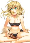  and aqua_eyes arm_support bad_id bandeau barefoot bikini black_bikini blonde_hair breasts cleavage crossed_legs duck_face face food indian_style legs_crossed long_hair mouth_hold mustard_seeds navel original potato_chips pringleduck pringles product_placement side-tie_bikini sitting solo swimsuit 