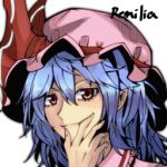  1girl blue_hair hat looking_at_viewer lowres pandora-ex simple_background smile solo white_background 