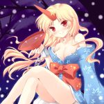  bare_legs bare_shoulders blonde_hair blush breasts chain cleavage crossed_legs cuffs horn hoshiguma_yuugi hoshiguma_yuugi_(promo) japanese_clothes kimono komi_zumiko light_smile long_hair manacles night off_shoulder petals red_eyes sakazuki sake sitting smile snowing solo touhou tree wrist_cuffs 