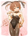  :3 animal_ears bare_shoulders black_legwear blue_eyes blush brown_hair bunny bunny_ears bunny_girl bunny_tail bunnysuit fishnet_pantyhose fishnets flat_chest highres lyrical_nanoha mahou_shoujo_lyrical_nanoha pantyhose rabbit ryou_(shirotsumesou) short_hair smile solo sweatdrop tail takamachi_nanoha twintails wink wrist_cuffs 