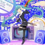  absurdres aqua_eyes aqua_hair hatsune_miku headphones heart_beats_(vocaloid) highres komine long_hair open_mouth shoes smile solo speaker television thigh-highs thighhighs twintails very_long_hair vocaloid wink 