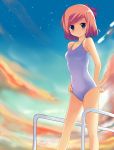  bare_shoulders green_eyes highres one-piece_swimsuit original pini red_hair redhead short_hair smile sunset swimsuit white_swimsuit 