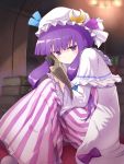  1girl book crescent dress highres long_hair nitiku patchouli_knowledge purple_hair sitting solo touhou violet_eyes 