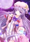 book crescent dress energy_ball full_moon hair_ribbon hat moon night patchouli_knowledge pink_dress purple_eyes purple_hair ribbon solo striped striped_dress tengeiji touhou violet_eyes wristband 