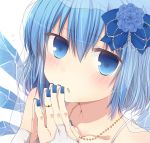  ari_suzushi blue_eyes blue_hair blue_rose blush bridal_gauntlets cirno collarbone dress face flower hair_flower hair_ornament highres jewelry nail_polish necklace open_mouth ring rose solo touhou wedding_dress 