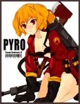  axe bad_id blonde_hair blush bra breasts cleavage collarbone cosplay flamethrower gloves kakaaru kneeling open_clothes short_hair solo team_fortress_2 the_pyro underwear weapon 
