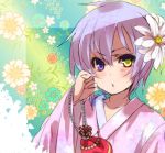  blue_eyes floral_print flower hair_flower hair_ornament hati_(shirow) heterochromia japanese_clothes kimono lavender_hair looking_at_viewer lowres original pouch shirow_(crazy) short_hair solo yellow_eyes 