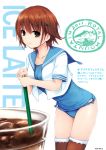  brown_eyes brown_hair coffee-kizoku copyright_request drink highres minigirl one-piece_swimsuit oversized_object school_swimsuit school_uniform serafuku short_hair smile solo straw swimsuit swimsuit_under_clothes thigh-highs thighhighs 