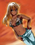  bare_shoulders blonde_hair bra bracelet breasts brown_eyes cleavage collarbone dark_skin dutch_angle female ganguro hand_on_hip harurunn hips jeans jewelry lingerie long_hair navel original smile solo tan underwear 