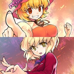  aki_minoriko aki_shizuha blonde_hair breasts bust clenched_hand ebizome fingernails fist food foreshortening fruit grapes grin hands hat multiple_girls nail_polish open_mouth orange_eyes pointing ribbon short_hair siblings sisters smile syslila touhou yellow_eyes 