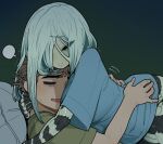  1boy 1girl =v= bags_under_eyes blue_shirt closed_eyes eyebrows_visible_through_hair facial_hair girl_on_top green_background hug lamia long_hair lying monster_girl open_mouth original pillow scales shirt sigh sparrowl stubble symbol_commentary white_hair 