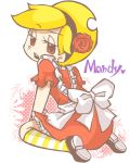  apron blonde_hair bow brown_eyes character_name flower from_above hair_flower hair_ornament hairband heart looking_back mandy open_mouth red_eyes sitting socks solo striped striped_legwear the_grim_adventures_of_billy_&amp;_mandy tsukapanda wariza 