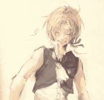  ascot closed_eyes eyes_closed final_fantasy final_fantasy_ix lowres male ponytail sepia simple_background siroop_23 sleeveless smile solo zidane_tribal 
