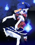  beret blue_eyes blue_hair breasts geung_si ghost graveyard hat highres hitodama jiangshi miyako_yoshika ofuda open_mouth outstretched_arms pale_skin sefa short_hair skirt smile solo star tombstone touhou zefa_(neoaltemice) zombie_pose 