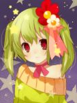  bare_shoulders flower green_hair hair_flower hair_ornament livly_island looking_at_viewer marlin_suzuki personification red_eyes ribbon_choker ringed_eyes solo star twintails 