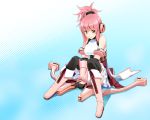  bow_(weapon) breasts brown_eyes cosmic_break detached_sleeves large_breasts mecha_musume melfi official_art pink_hair sitting skirt smile solo thigh-highs thighhighs wakaba wallpaper weapon 