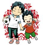  ball blue_hair brothers closed_eyes eyes_closed inazuma_eleven inazuma_eleven_(series) inazuma_eleven_go jjjjjj male mole multiple_boys open_mouth shoes siblings smile sneakers soccer_ball tsurugi_kyousuke tsurugi_yuuichi white_background young 