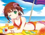  amami_haruka ass ball bare_shoulders beach beach_umbrella bikini blush bottle bow bracelet breasts brown_hair choker cleavage cloud collarbone comiccho company_connection drink earrings frilled_bikini frills front-tie_top green_eyes hair_bow idolmaster jewelry looking_at_viewer lying namco necklace ocean on_stomach parasol short_hair sky smile solo star straw swimsuit taiko_no_tatsujin umbrella wada_don water wink 