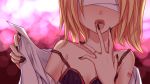  blindfold blonde_hair face hands highres kagamine_rin licking nail_polish open_mouth short_hair solo tongue vocaloid yayoi_(egoistic_realism) 
