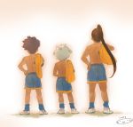  3boys black_hair blue_hair from_behind hamano_kaiji inazuma_eleven_(series) inazuma_eleven_go kurama_norihito long_hair male mizuhara_aki multiple_boys nishiki_ryouma raimon shirtless short_hair soccer_uniform standing very_long_hair 