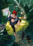  barefoot bikini_top cat couch cup green_eyes highres mug nature navel open_clothes original paintbrush pants plant red_hair redhead short_hair sitting top tree 