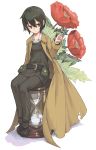  belt_pouch black_hair butterfly flower hourglass kino kino_no_tabi nike_(smaaaash) reverse_trap short_hair sitting trench_coat 