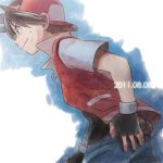  2011 backwards_hat baseball_cap black_hair date dated fingerless_gloves gloves hat jeans male poke_ball pokemon pokemon_special pokipoki red_(pokemon) simple_background smile solo sweatdrop waist_poke_ball white_background 