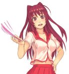  ahoge and blush breasts bust cleavage hand_on_hip hips holding kousaka_tamaki long_hair open_mouth pink_slip pleated_skirt red_eyes red_hair redhead school_uniform serafuku simple_background skirt solo to_heart_2 very_long_hair 