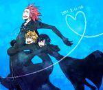  a5_arashi axel black_hair blonde_hair cloak closed_eyes eyes_closed facial_mark gloves green_hair hug hug_from_behind kingdom_hearts kingdom_hearts_358/2_days red_hair redhead roxas short_hair xion_(kingdom_hearts) 