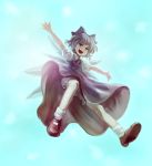  blue_eyes blue_hair bow cirno flying footwear hair_bow highres konowa mary_janes open_mouth outstretched_arms ribbon shoes short_hair socks solo touhou wings 