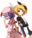  alternate_costume ascot blonde_hair blue_hair bow dr._cryptoso green_eyes hair_bow hair_ribbon hat highres kagamine_rin multiple_girls red_eyes remilia_scarlet ribbon short_hair skirt smile touhou twintails vocaloid 