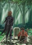  brown_hair bush fingerless_gloves flower forest from_behind gloves grass kratos_aurion lloyd_irving male multiple_boys nature red_hair redhead saklo sheath sheathed tales_of_(series) tales_of_symphonia tombstone tree 