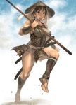  artist_request barefoot barefoot_sandals breasts character_request copyright_request hat muscle polearm running sandals short_hair solo weapon 