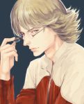  adjusting_glasses barnaby_brooks_jr blonde_hair glasses green_eyes ideissai jacket male realistic red_jacket solo tiger_&amp;_bunny 