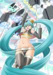  aqua_hair detached_sleeves gloves hatsune_miku jewelry long_hair navel necklace open_mouth raybar speaker thigh-highs thighhighs twintails very_long_hair vocaloid wink 