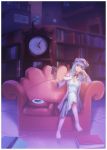  1girl arm_support book bookshelf breasts cleavage clock couch crescent crossed_legs dress fateline_alpha hat head_rest highres library long_hair map patchouli_knowledge plate purple_hair sitting smile solo touhou violet_eyes 