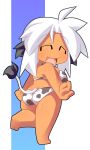  animal_ears bad_id bikini chibi closed_eyes copyright_request cow_ears cow_print cow_tail eyes_closed open_mouth short_hair smile solo standing_on_one_leg swimsuit tail tan ushi white_hair 