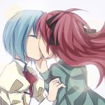  arm_grab blue_hair closed_eyes colored_eyelashes eyes_closed hand_on_another's_cheek hand_on_another's_face hand_on_face jacket kiss kissing long_hair love magical_girl mahou_shoujo_madoka_magica miki_sayaka multiple_girls mutual_yuri ponytail red_hair redhead sakura_kyouko school_uniform short_hair silver15 yuri 